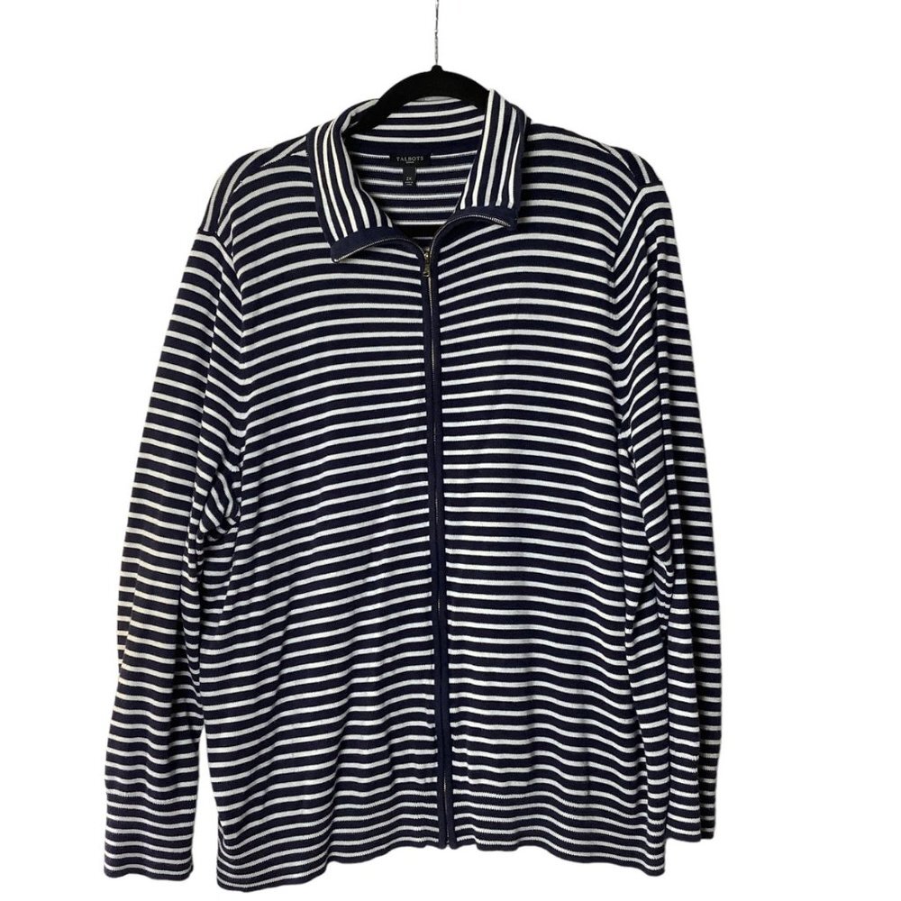Talbots Jacket‎ Women Size 2X Blue White Striped Cotton Blend